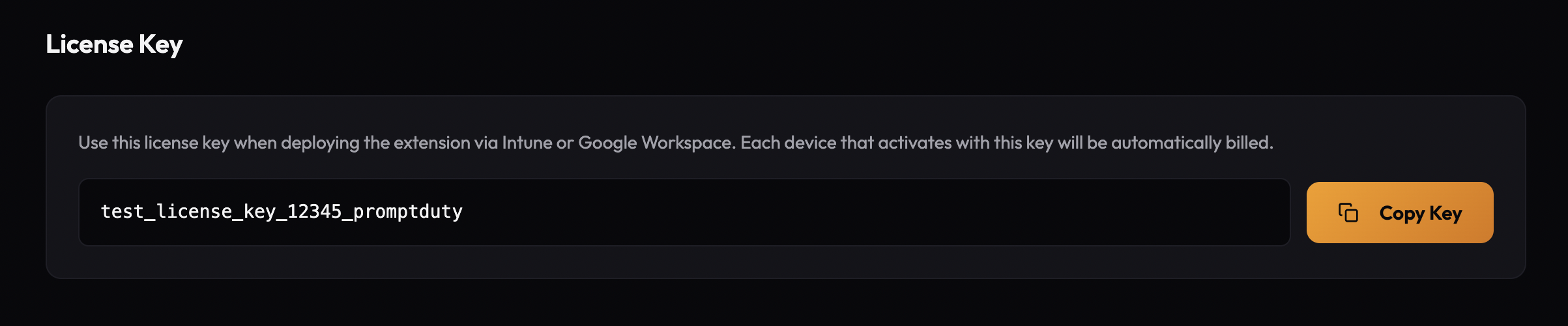 License key section with Copy Key button