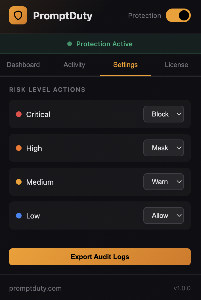 License key input field in extension settings
